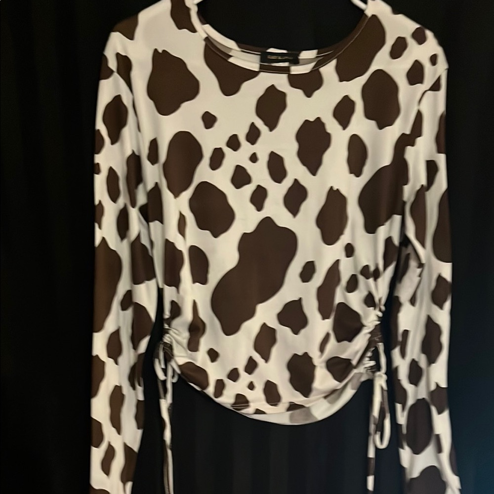 Brown and Tan Ruched Long Sleeve Blouse
